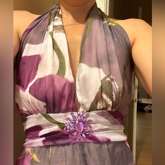 Purple Floral Halter Maxi Dress Open Back Beaded Waist Size 6 M - Picture 2 of 16